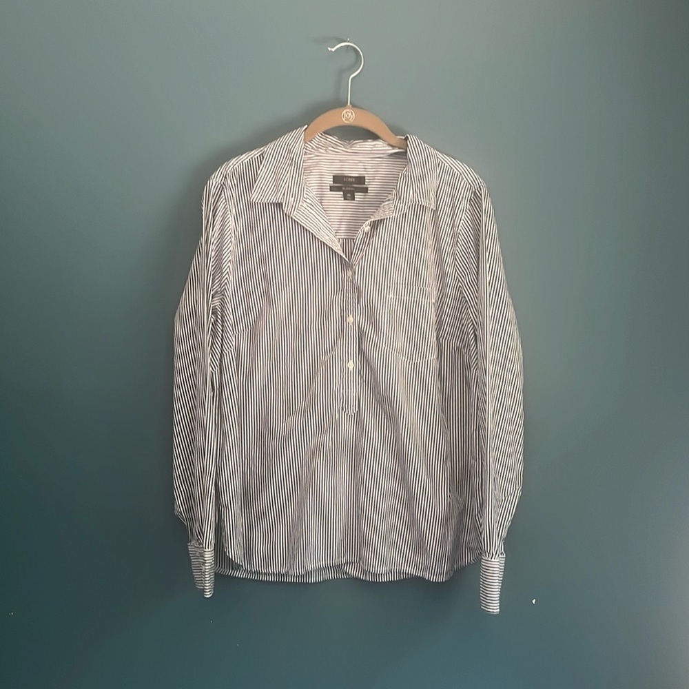 J. Crew blue and white vertical striped top button down shirt woman’s size 16